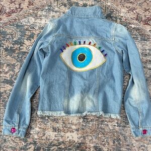 Lola + The Boys Light Blue Jean Jacket with Eye Design